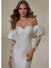 Ivory Lace Satin Elegant Wedding Dress With Detachable Sleeves Overskirt